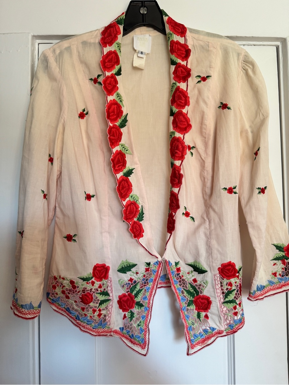 RARE Anna Sui Pale Pink Open-Front Lightweight Jacket with Red Rose Embroidery - Picture 5 of 6